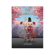 You & Me Always personalized lesbian couple canvas of two people standing together beneath blooming pink flowers, with a custom title, handwritten names, date, and personalized characters — LOVECOUPLET