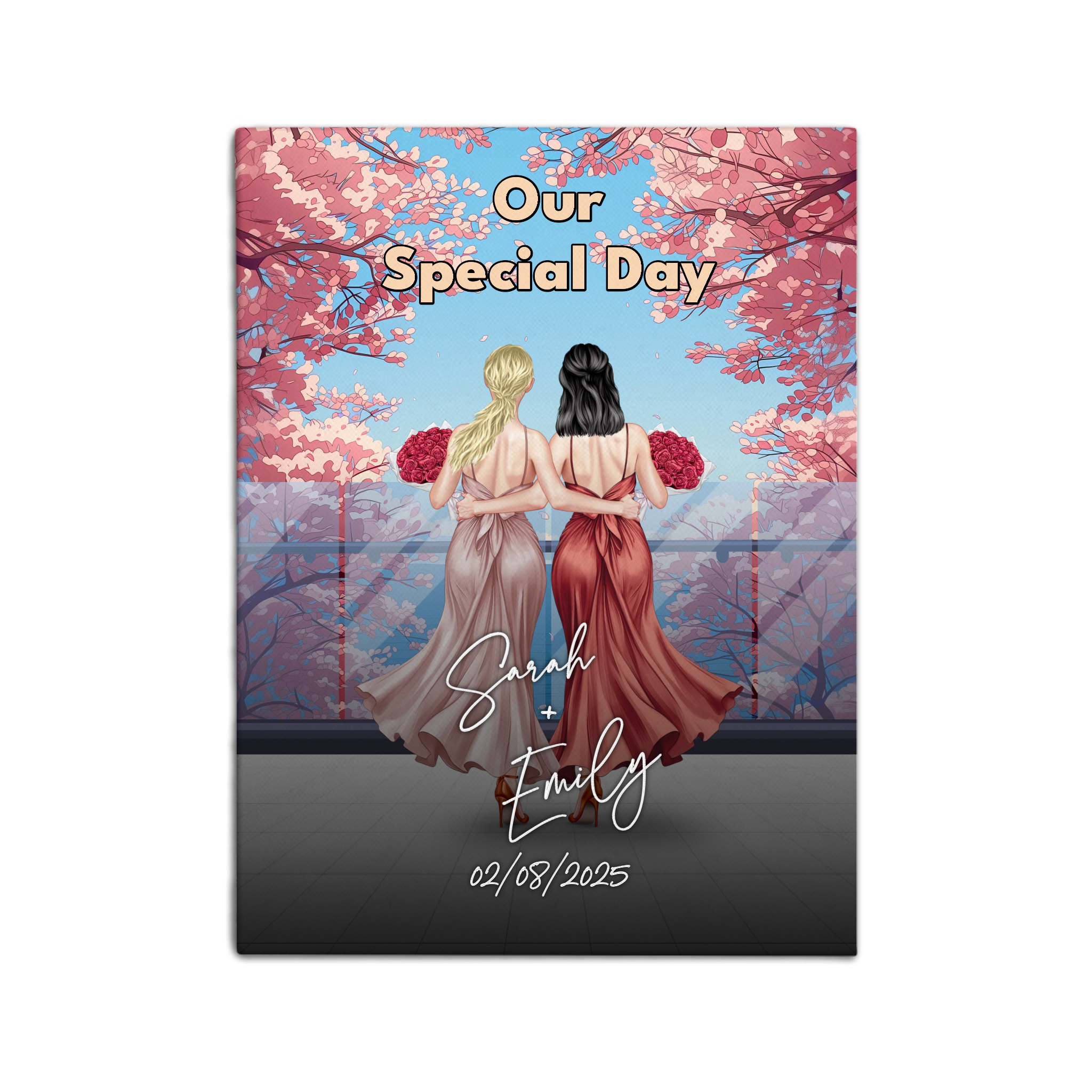 You & Me Always personalized lesbian couple canvas of two people standing together beneath blooming pink flowers, with a custom title, handwritten names, date, and personalized characters — LOVECOUPLET