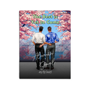 You & Me Always personalized gay couple canvas of two people standing together beneath blooming pink flowers, with a custom title, handwritten names, date, and personalized characters — LOVECOUPLET