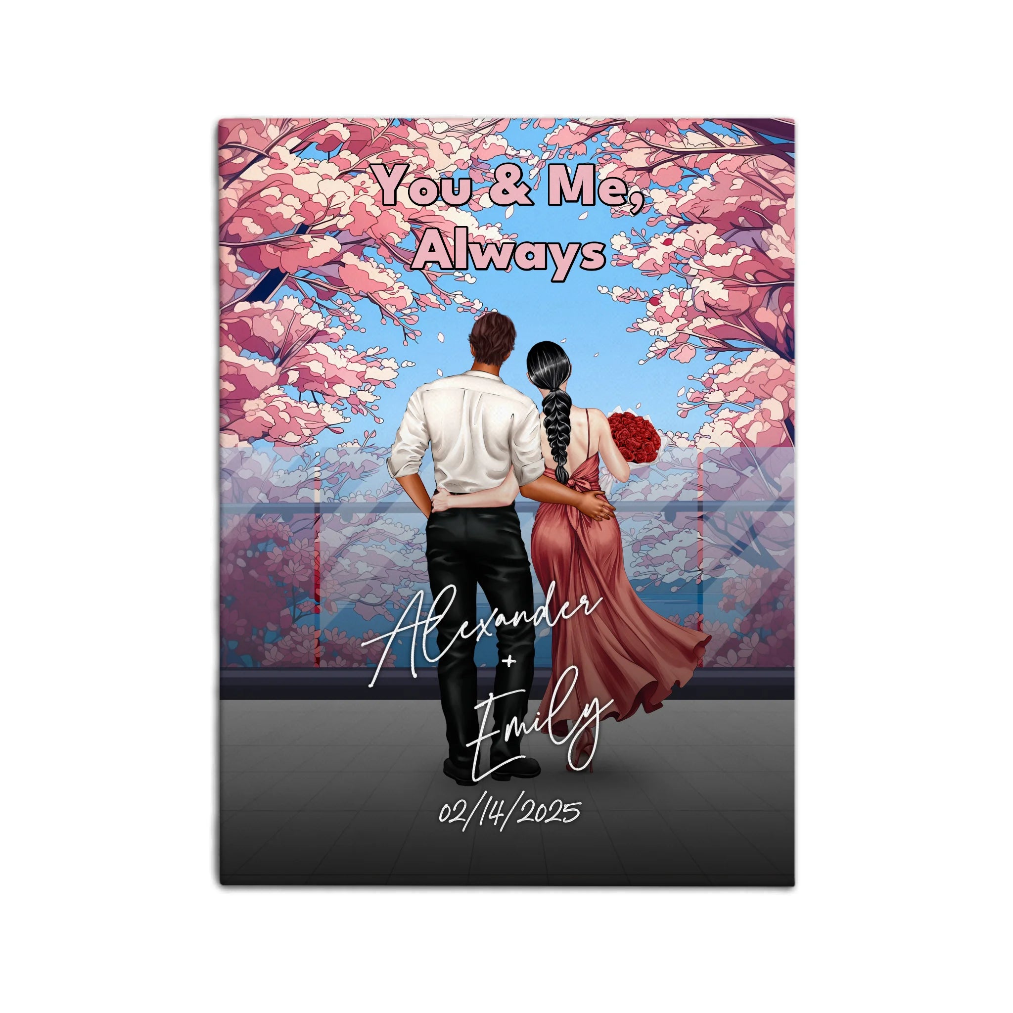 You & Me Always personalized couple canvas of two people standing together beneath blooming pink flowers, with a custom title, handwritten names, date, and personalized characters — LOVECOUPLET