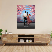 You & Me Always personalized couple canvas of two people standing together beneath blooming pink flowers, with a custom title, handwritten names, date, and personalized characters — LOVECOUPLET