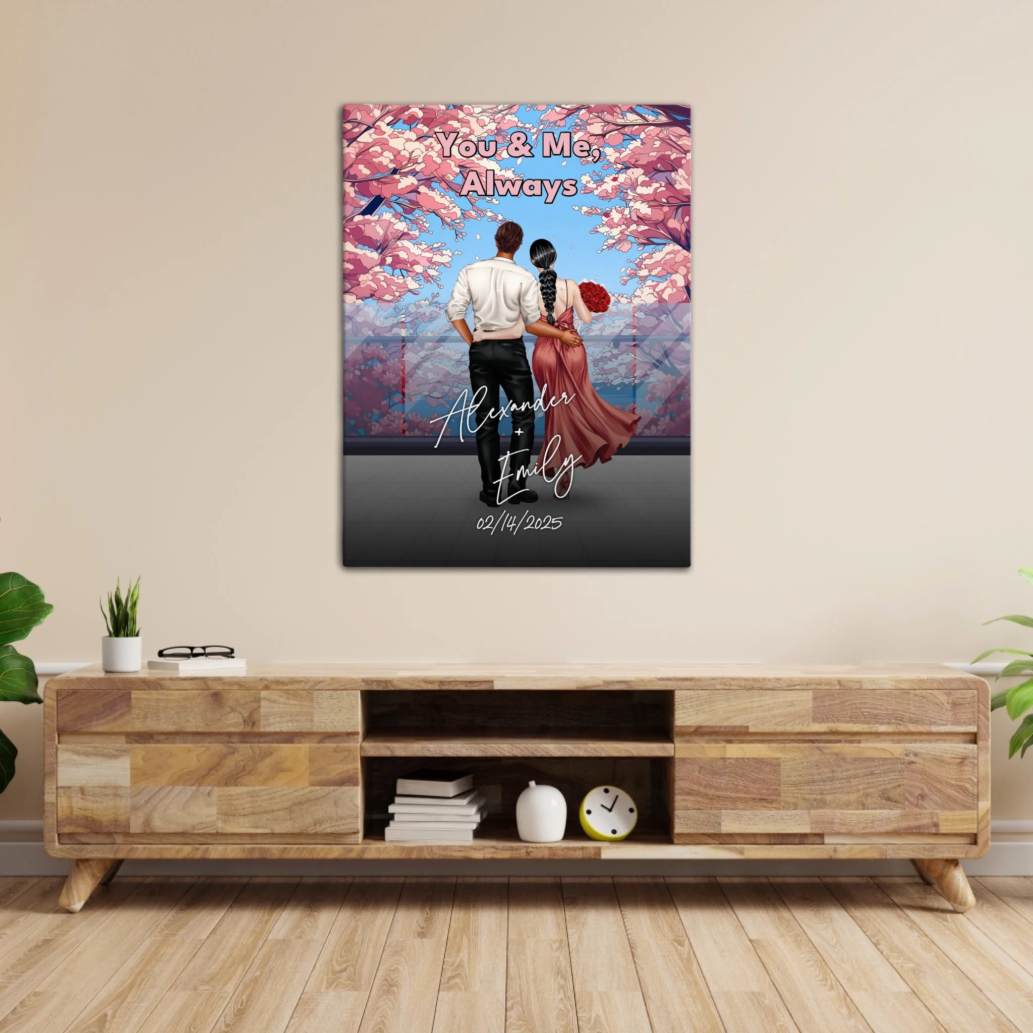 You & Me Always personalized couple canvas of two people standing together beneath blooming pink flowers, with a custom title, handwritten names, date, and personalized characters — LOVECOUPLET
