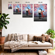 You & Me Always personalized couple canvas of two people standing together beneath blooming pink flowers, with a custom title, handwritten names, date, and personalized characters — LOVECOUPLET