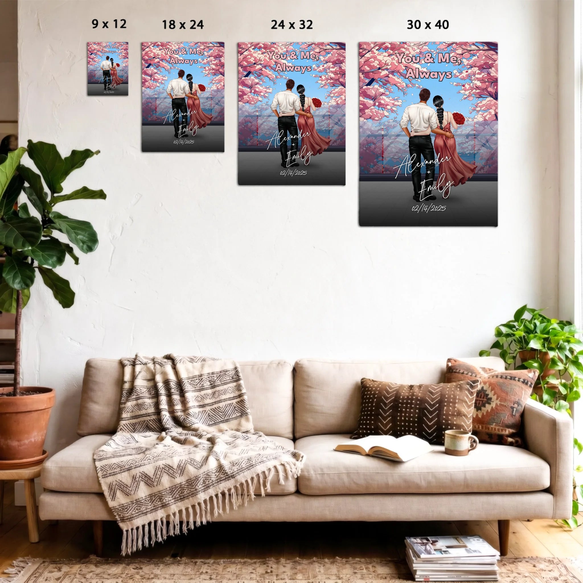 You & Me Always personalized couple canvas of two people standing together beneath blooming pink flowers, with a custom title, handwritten names, date, and personalized characters — LOVECOUPLET