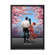 You & Me Always personalized couple framed canvas of two people standing together beneath blooming pink flowers, with a custom title, handwritten names, date, and personalized characters — LOVECOUPLET