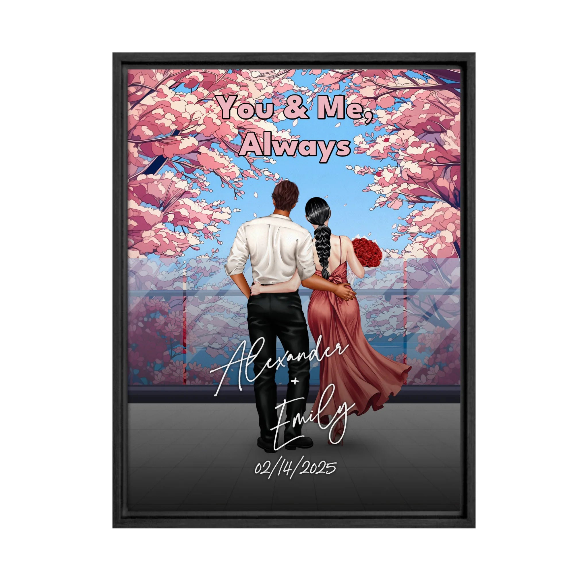 You & Me Always personalized couple framed canvas of two people standing together beneath blooming pink flowers, with a custom title, handwritten names, date, and personalized characters — LOVECOUPLET