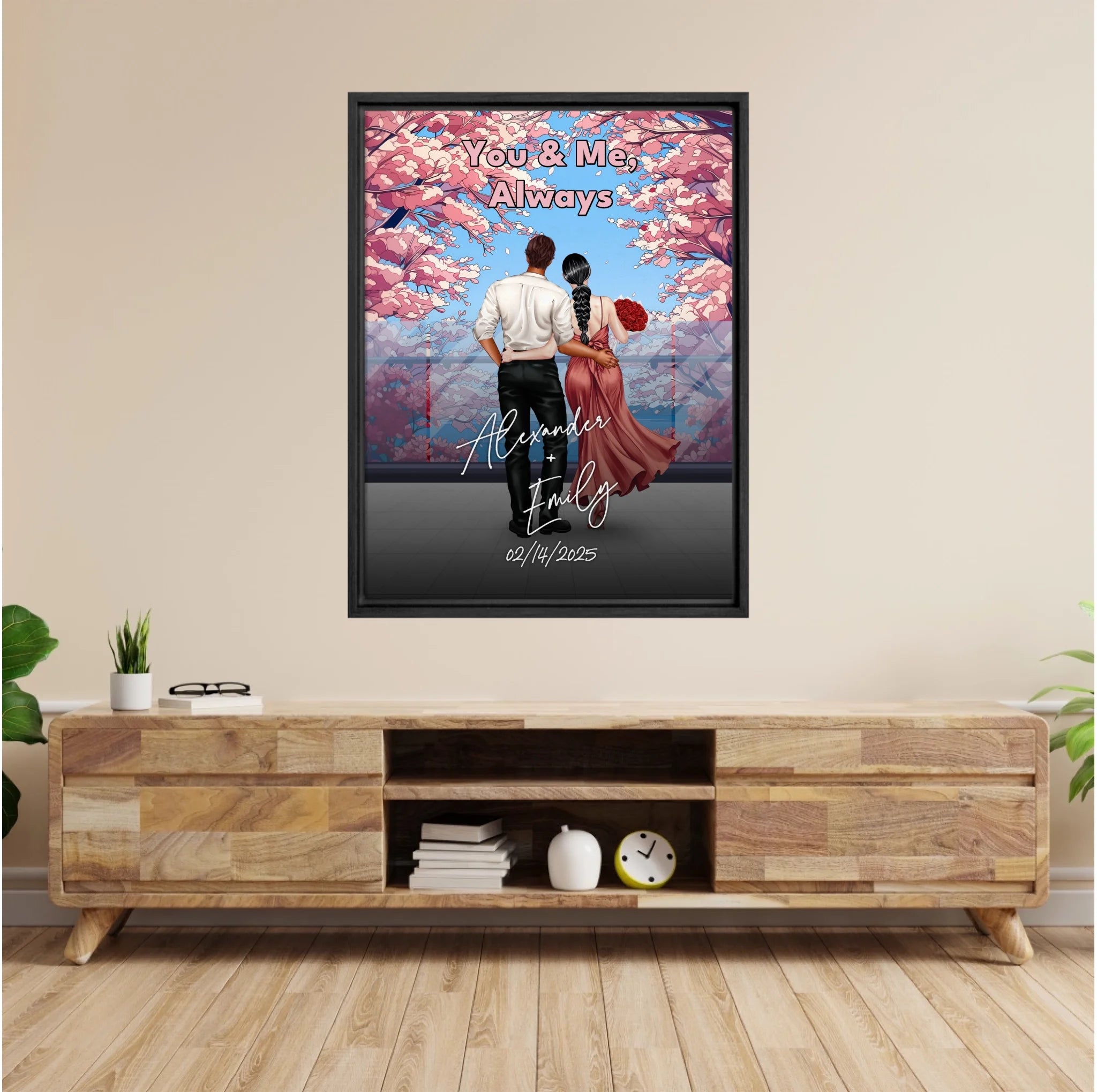 You & Me Always personalized couple framed canvas of two people standing together beneath blooming pink flowers, with a custom title, handwritten names, date, and personalized characters — LOVECOUPLET