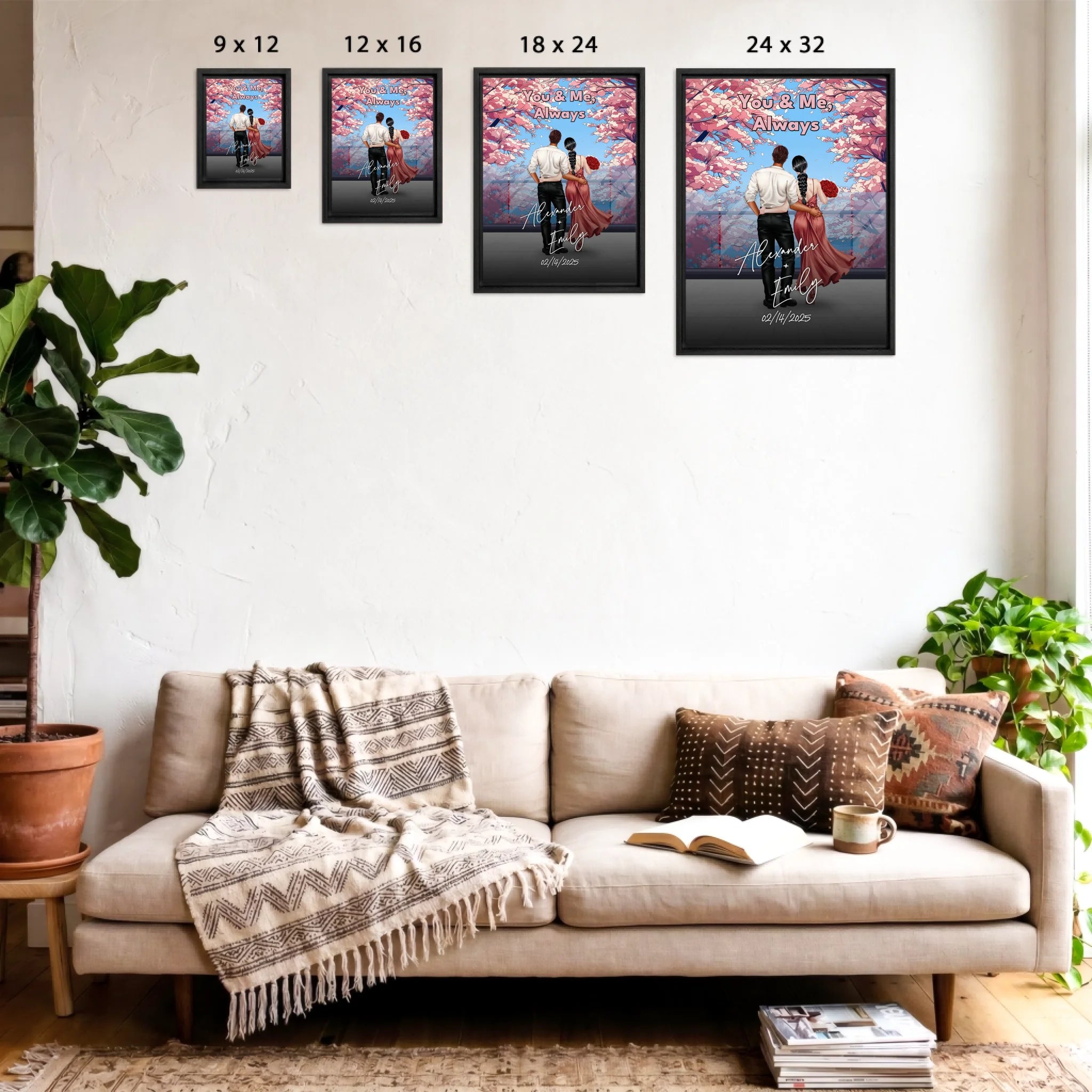 You & Me Always personalized couple framed canvas of two people standing together beneath blooming pink flowers, with a custom title, handwritten names, date, and personalized characters — LOVECOUPLET