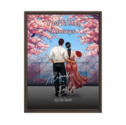 You & Me Always personalized couple framed canvas of two people standing together beneath blooming pink flowers, with a custom title, handwritten names, date, and personalized characters — LOVECOUPLET