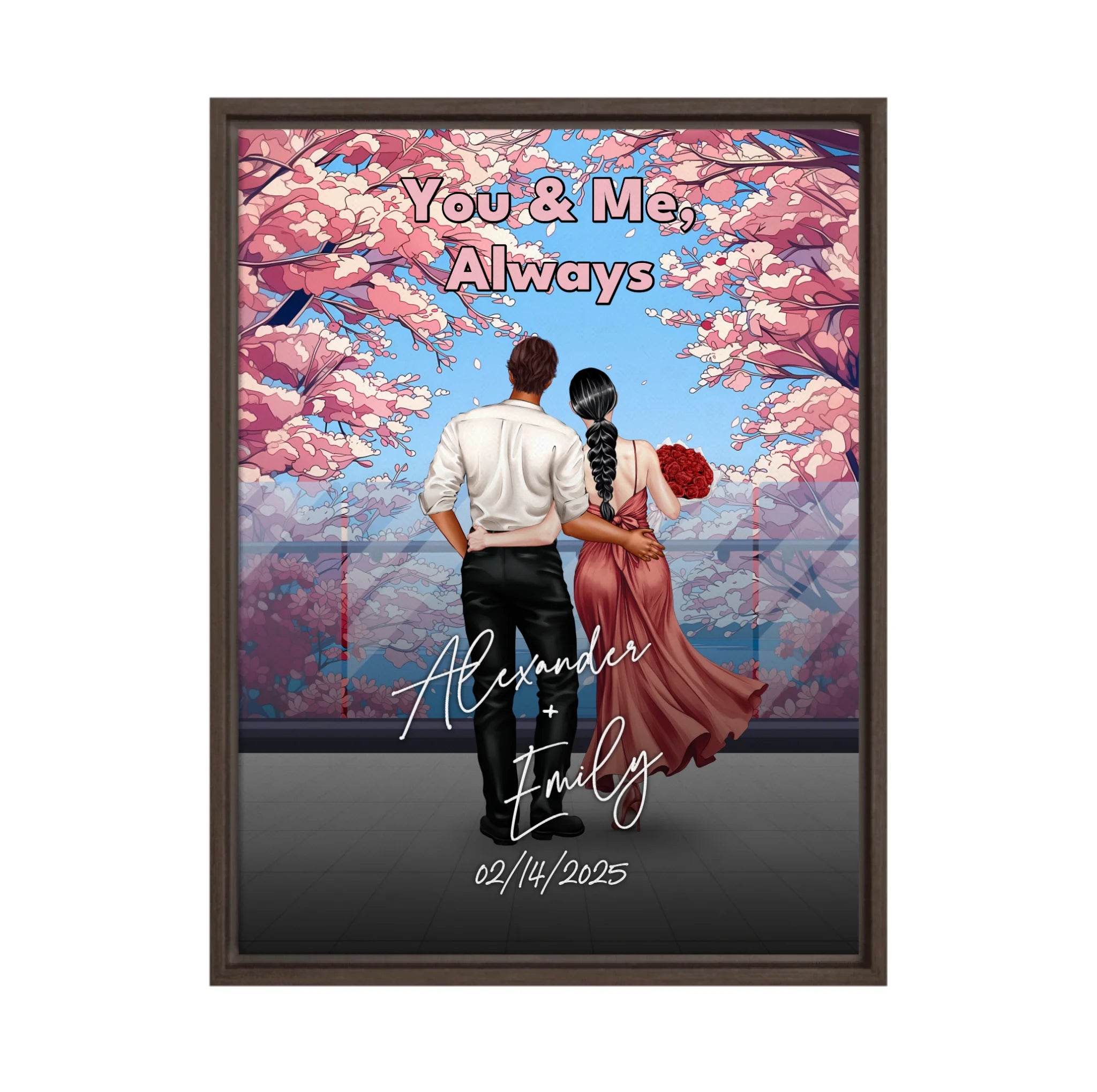 You & Me Always personalized couple framed canvas of two people standing together beneath blooming pink flowers, with a custom title, handwritten names, date, and personalized characters — LOVECOUPLET