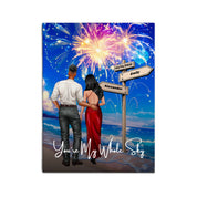 You’re My Whole Sky personalized couple canvas of two people standing together on a beach under fireworks, with a custom quote, names and date on a wooden signpost, and personalized characters — LOVECOUPLET
