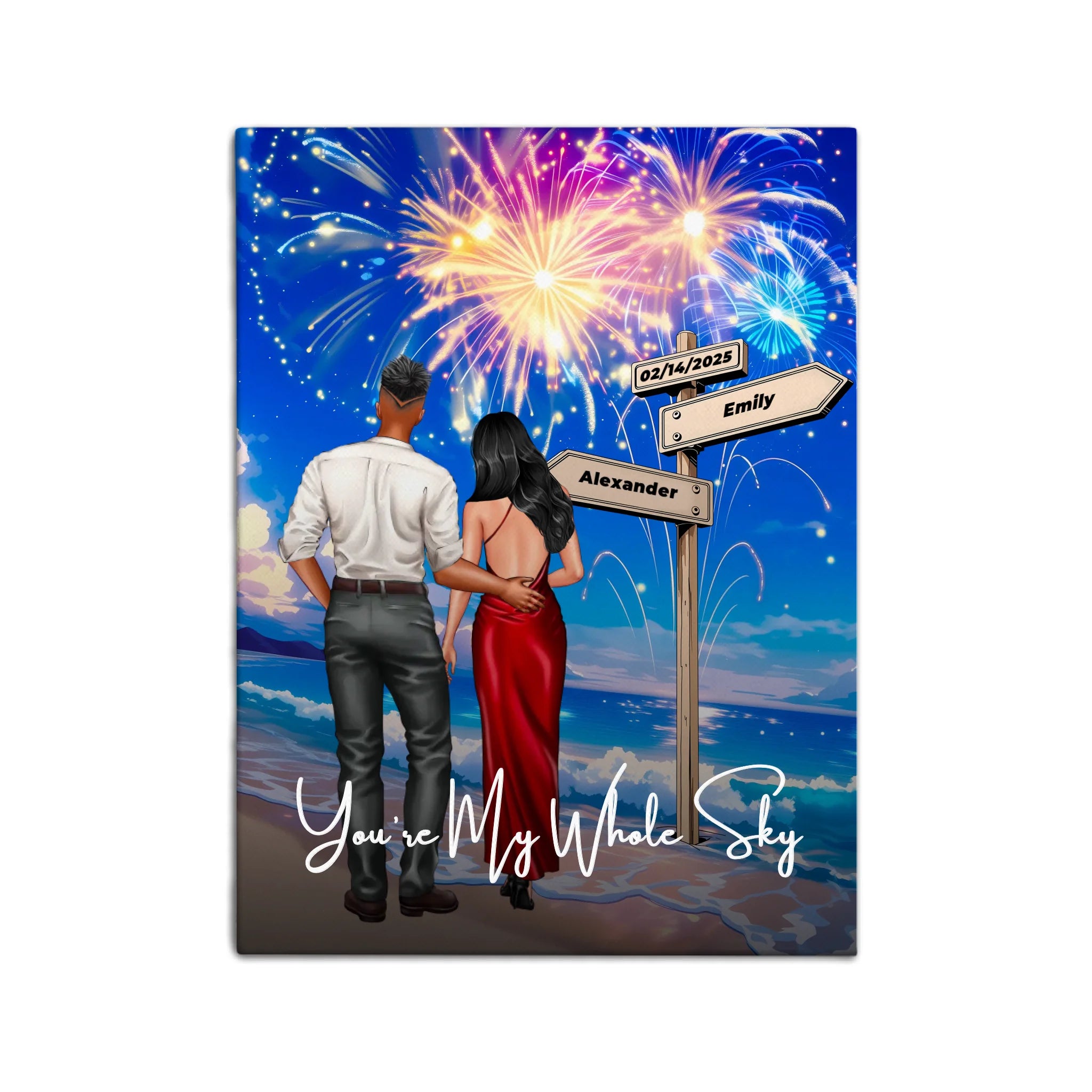 You’re My Whole Sky personalized couple canvas of two people standing together on a beach under fireworks, with a custom quote, names and date on a wooden signpost, and personalized characters — LOVECOUPLET
