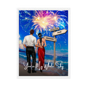 You’re My Whole Sky personalized couple framed canvas of two people standing together on a beach under fireworks, with a custom quote, names and date on a wooden signpost, and personalized characters — LOVECOUPLET