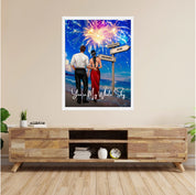 You’re My Whole Sky personalized couple framed canvas of two people standing together on a beach under fireworks, with a custom quote, names and date on a wooden signpost, and personalized characters — LOVECOUPLET