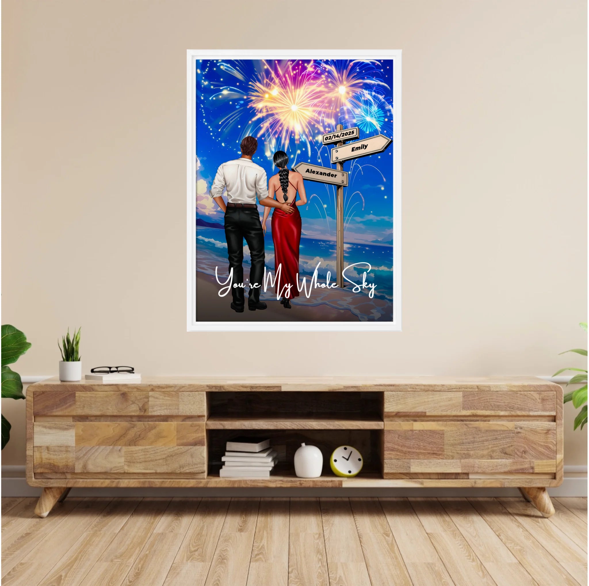 You’re My Whole Sky personalized couple framed canvas of two people standing together on a beach under fireworks, with a custom quote, names and date on a wooden signpost, and personalized characters — LOVECOUPLET