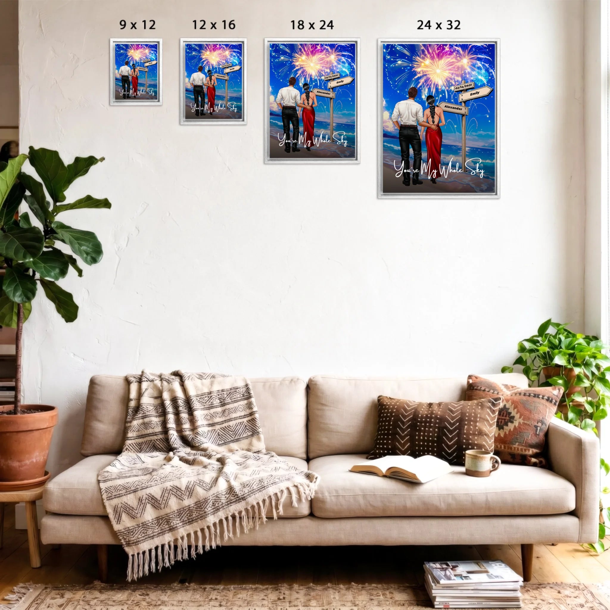 You’re My Whole Sky personalized couple framed canvas of two people standing together on a beach under fireworks, with a custom quote, names and date on a wooden signpost, and personalized characters — LOVECOUPLET