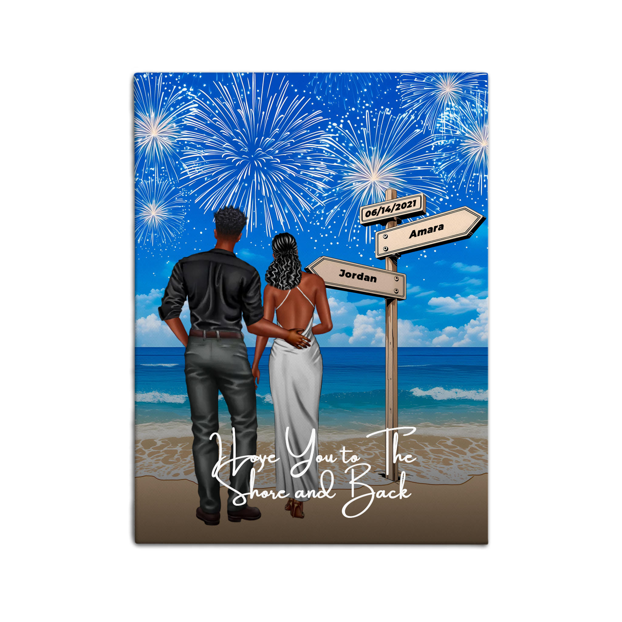You’re My Whole Sky personalized couple canvas of two people standing together on a beach under fireworks, with a custom quote, names and date on a wooden signpost, and personalized characters — LOVECOUPLET