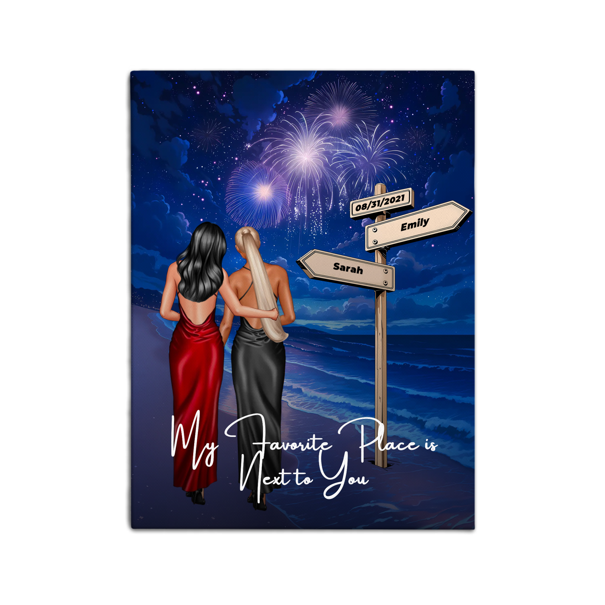 You’re My Whole Sky personalized lesbian couple canvas of two people standing together on a beach under fireworks, with a custom quote, names and date on a wooden signpost, and personalized characters — LOVECOUPLET