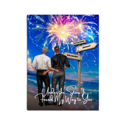 You’re My Whole Sky personalized gay couple canvas of two people standing together on a beach under fireworks, with a custom quote, names and date on a wooden signpost, and personalized characters — LOVECOUPLET