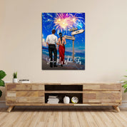 You’re My Whole Sky personalized couple canvas of two people standing together on a beach under fireworks, with a custom quote, names and date on a wooden signpost, and personalized characters — LOVECOUPLET