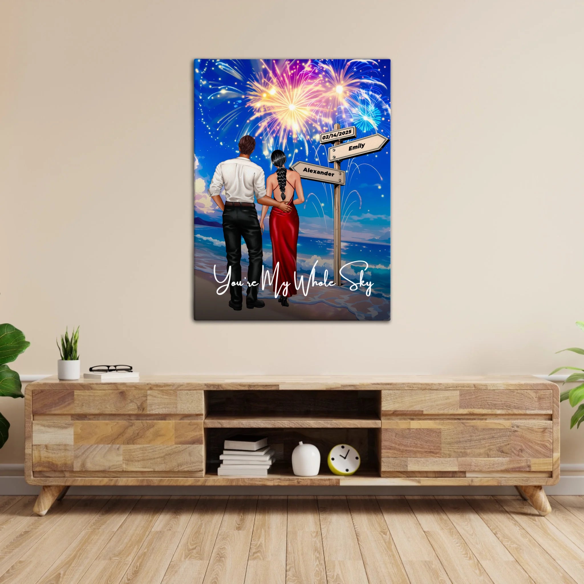 You’re My Whole Sky personalized couple canvas of two people standing together on a beach under fireworks, with a custom quote, names and date on a wooden signpost, and personalized characters — LOVECOUPLET