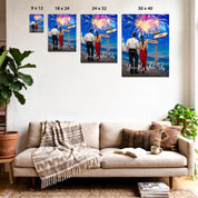You’re My Whole Sky personalized couple canvas of two people standing together on a beach under fireworks, with a custom quote, names and date on a wooden signpost, and personalized characters — LOVECOUPLET