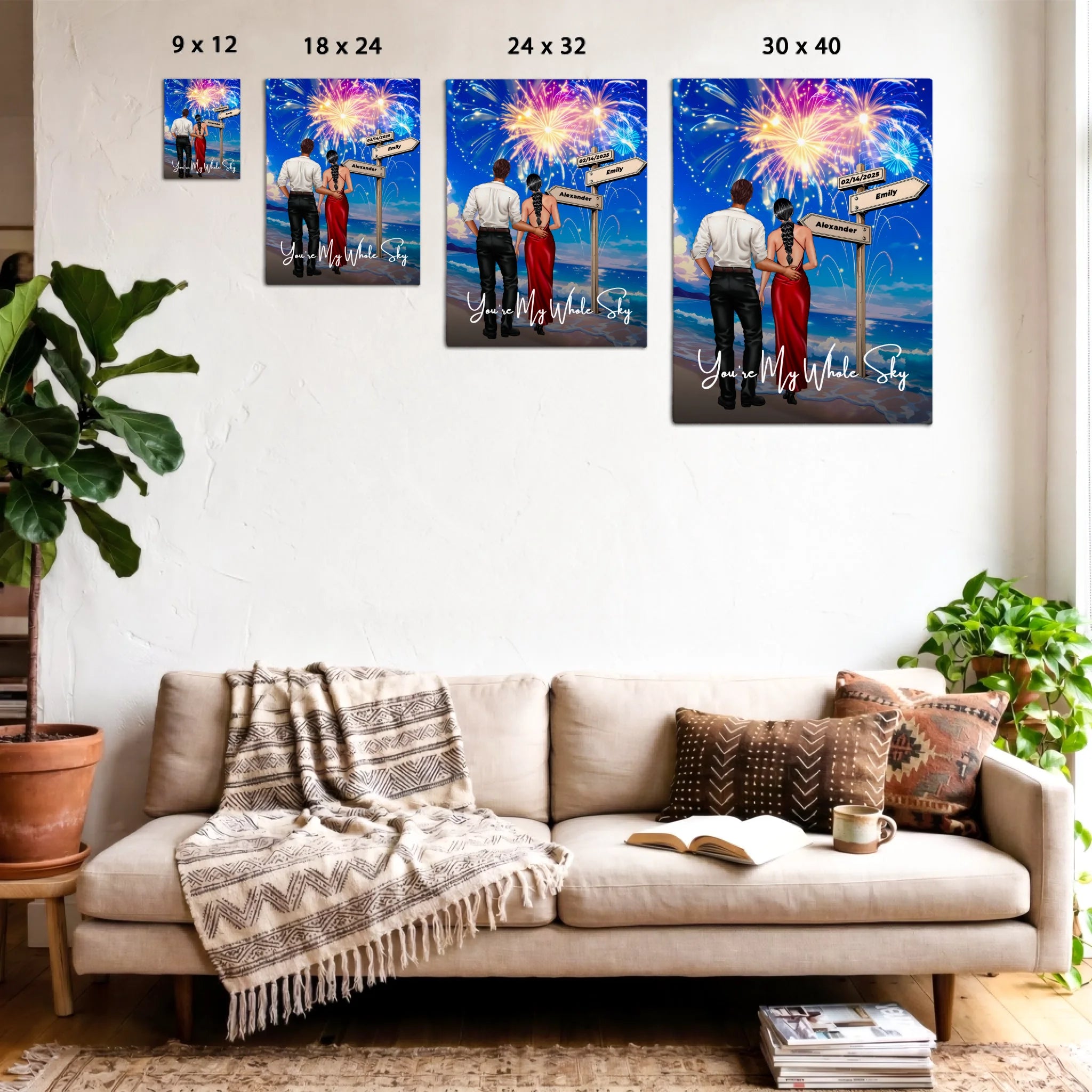 You’re My Whole Sky personalized couple canvas of two people standing together on a beach under fireworks, with a custom quote, names and date on a wooden signpost, and personalized characters — LOVECOUPLET