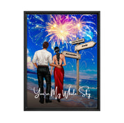 You’re My Whole Sky personalized couple framed canvas of two people standing together on a beach under fireworks, with a custom quote, names and date on a wooden signpost, and personalized characters — LOVECOUPLET