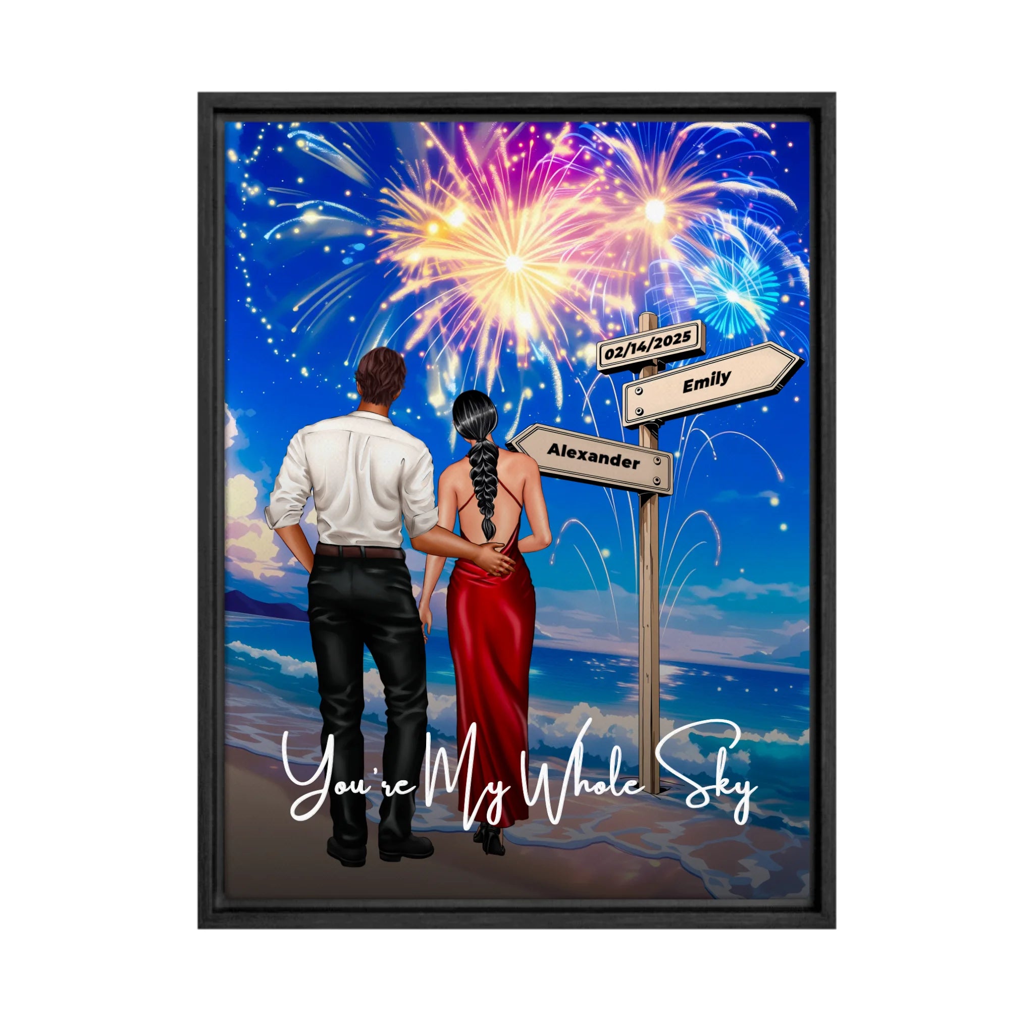 You’re My Whole Sky personalized couple framed canvas of two people standing together on a beach under fireworks, with a custom quote, names and date on a wooden signpost, and personalized characters — LOVECOUPLET