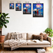 You’re My Whole Sky personalized couple framed canvas of two people standing together on a beach under fireworks, with a custom quote, names and date on a wooden signpost, and personalized characters — LOVECOUPLET