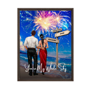 You’re My Whole Sky personalized couple framed canvas of two people standing together on a beach under fireworks, with a custom quote, names and date on a wooden signpost, and personalized characters — LOVECOUPLET