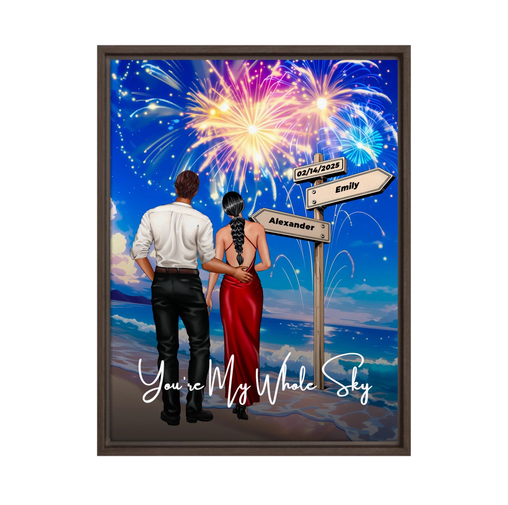 You’re My Whole Sky personalized couple framed canvas of two people standing together on a beach under fireworks, with a custom quote, names and date on a wooden signpost, and personalized characters — LOVECOUPLET