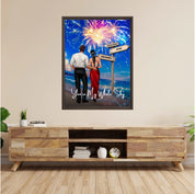 You’re My Whole Sky personalized couple framed canvas of two people standing together on a beach under fireworks, with a custom quote, names and date on a wooden signpost, and personalized characters — LOVECOUPLET
