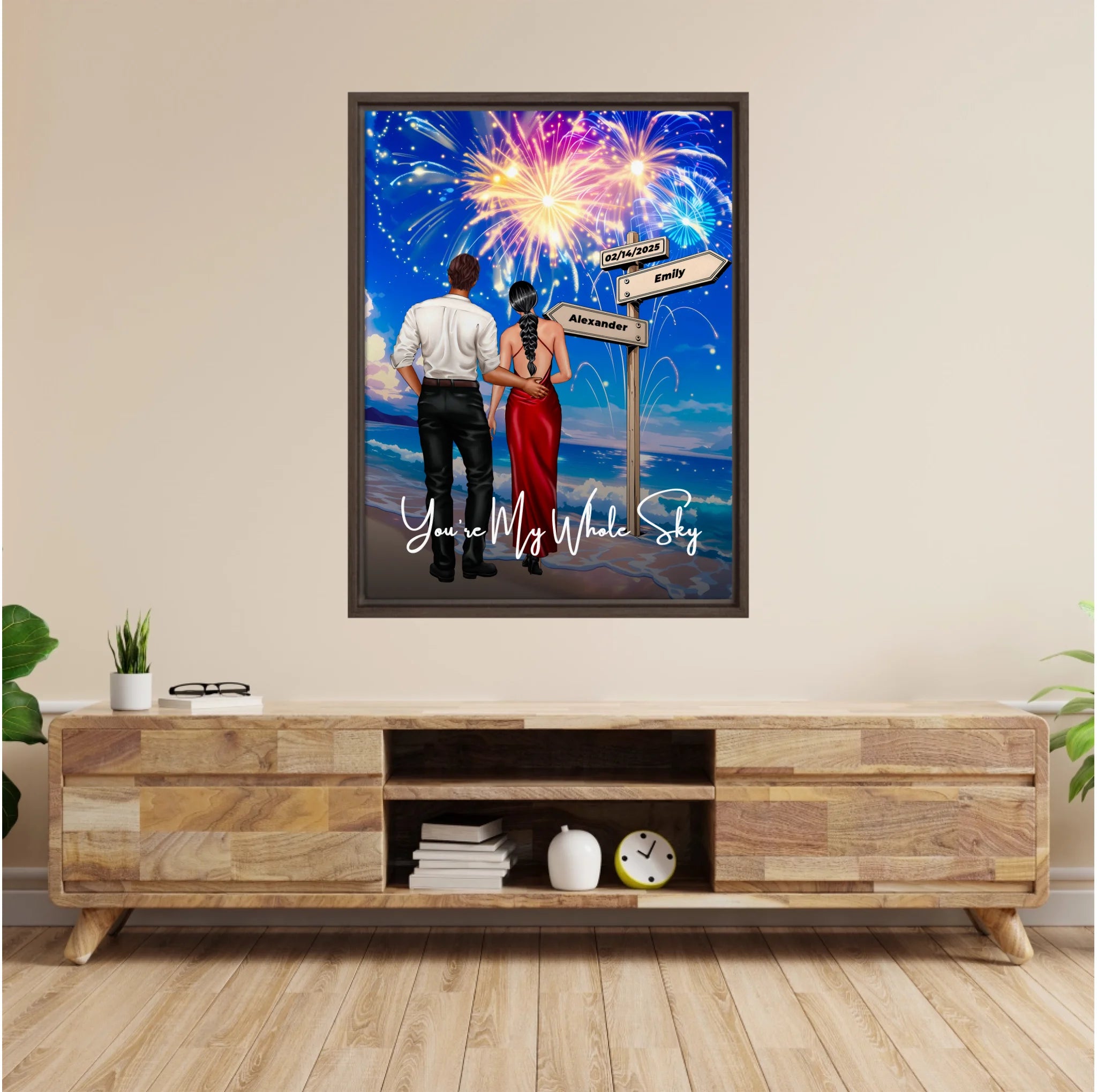 You’re My Whole Sky personalized couple framed canvas of two people standing together on a beach under fireworks, with a custom quote, names and date on a wooden signpost, and personalized characters — LOVECOUPLET